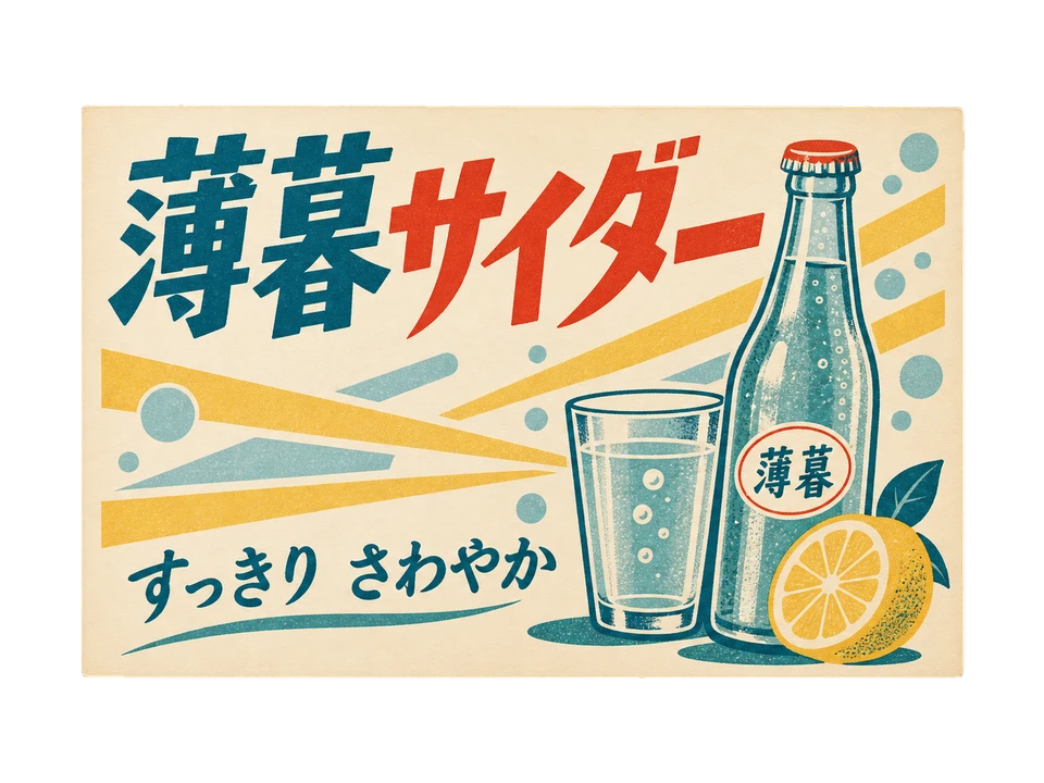 サイダーの瓶と柑橘を描いた、青緑と朱色の爽やかな小広告。