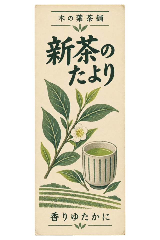 茶葉と湯呑みを配した、木の葉茶舗の新茶を知らせる広告。