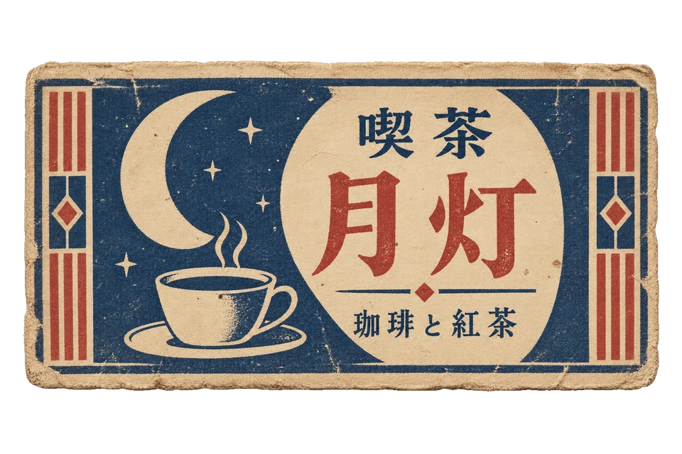 月とカップを配した、小さなマッチ箱用の紙ラベル。