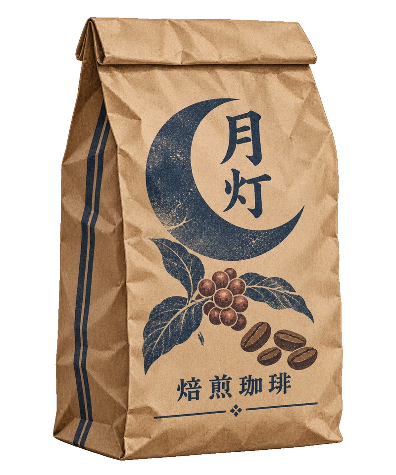 月灯の印を刷った、折り口付きのクラフト紙の珈琲豆袋。