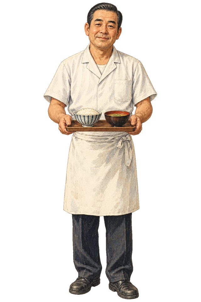 ご飯と汁物の盆を差し出す、白い前掛け姿の食堂店主。