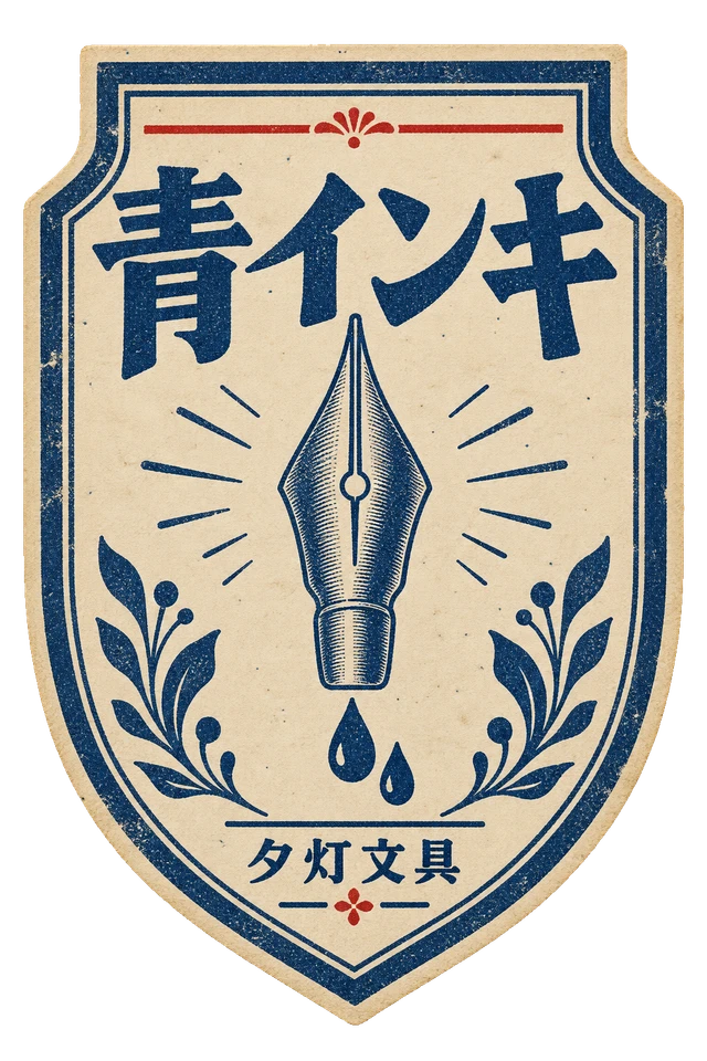 つけペンのペン先を描いた、藍色と生成りの青インキラベル。