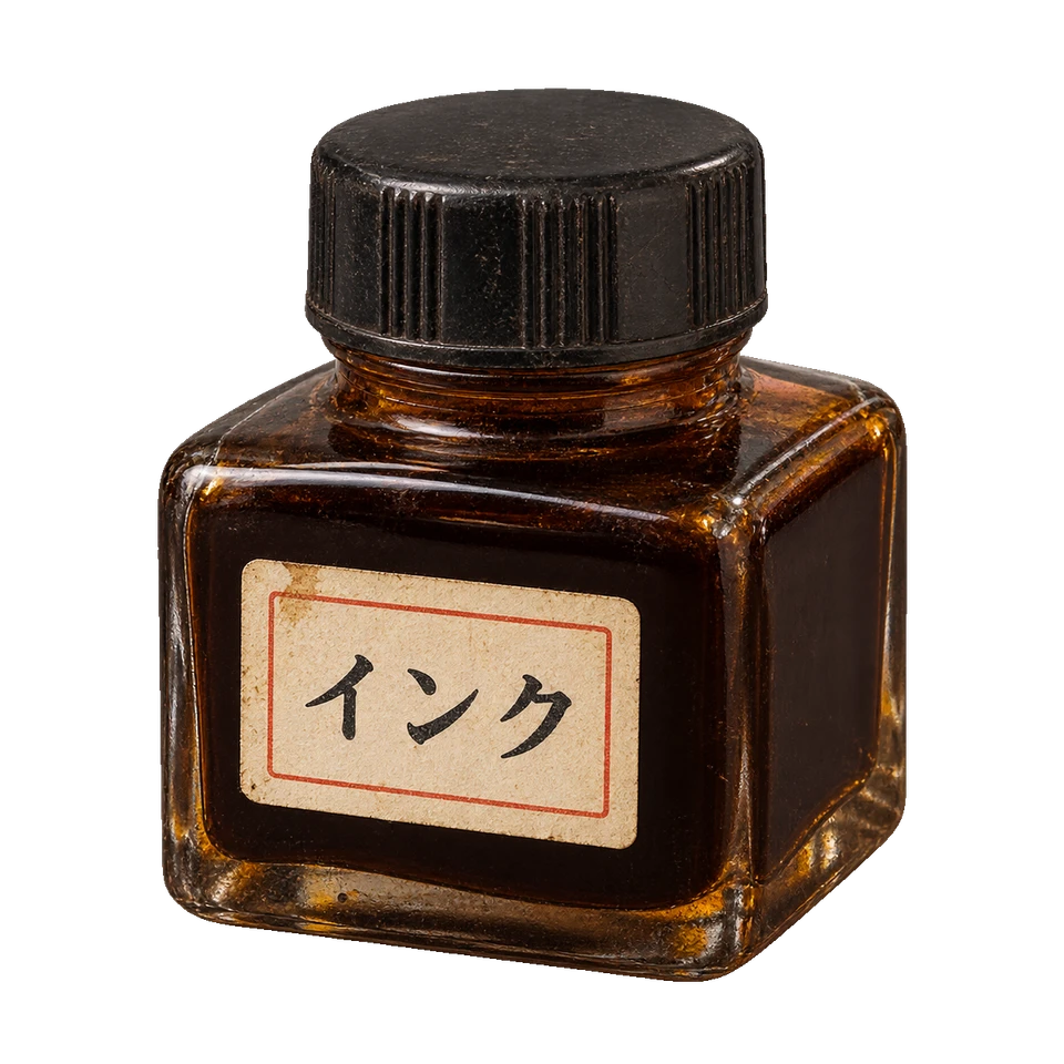 黒い蓋と生成りの小さなラベルを付けた、琥珀色の角形インク瓶。背景透過の単体素材。