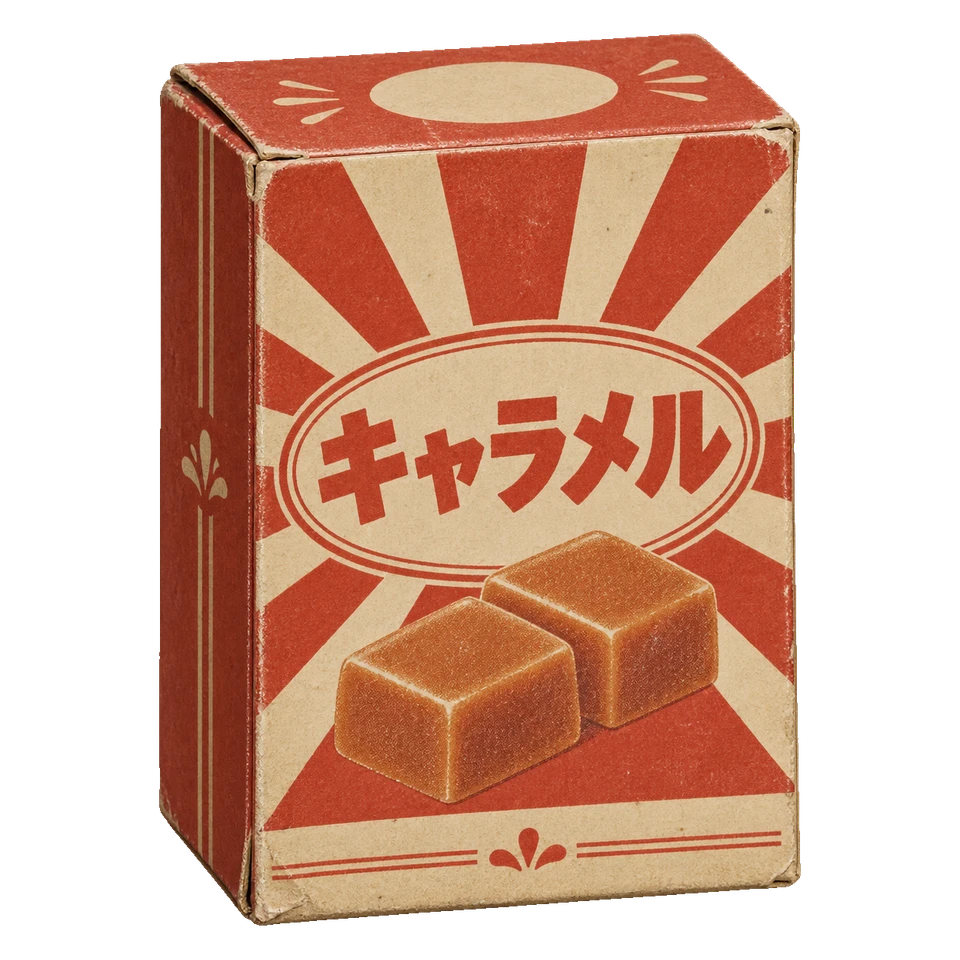 赤と生成りの放射模様にキャラメルの絵を添えた、縦長の菓子箱。背景透過の単体素材。