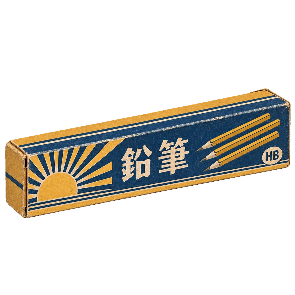 紺と黄土色の配色に鉛筆の絵とHBの文字を添えた、細長い文具箱。背景透過の単体素材。