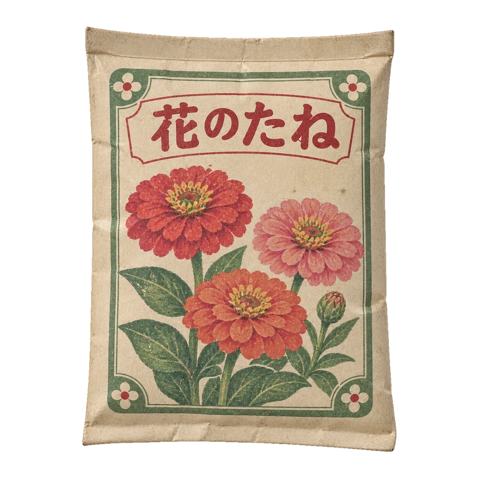 赤い花と緑の葉を刷り、上下を折って封じた花の種の紙袋。背景透過の単体素材。