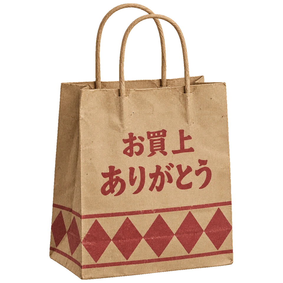 赤い菱形模様とお礼の文字を刷った、二つの紙紐の持ち手がある手提げ袋。背景透過の単体素材。
