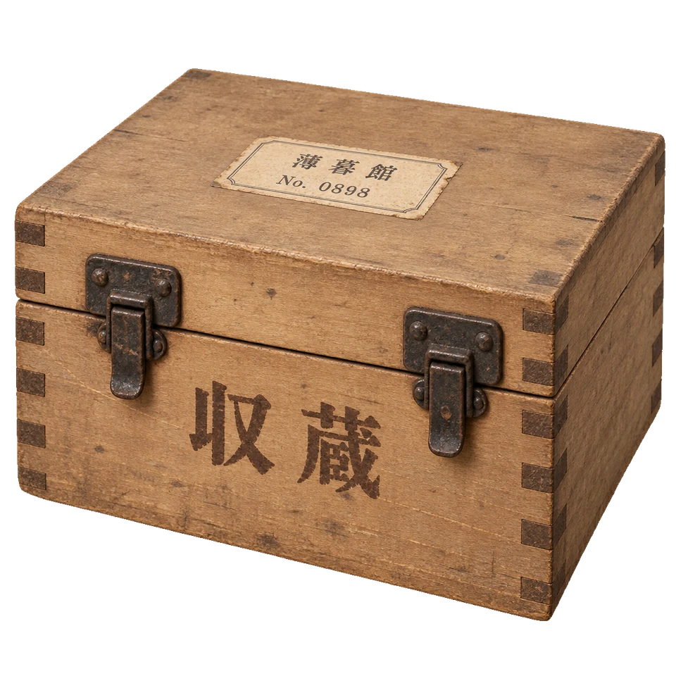 薄暮館の札と収蔵の文字、二つの金具を持つ、素朴な木の収蔵箱。背景透過の単体素材。