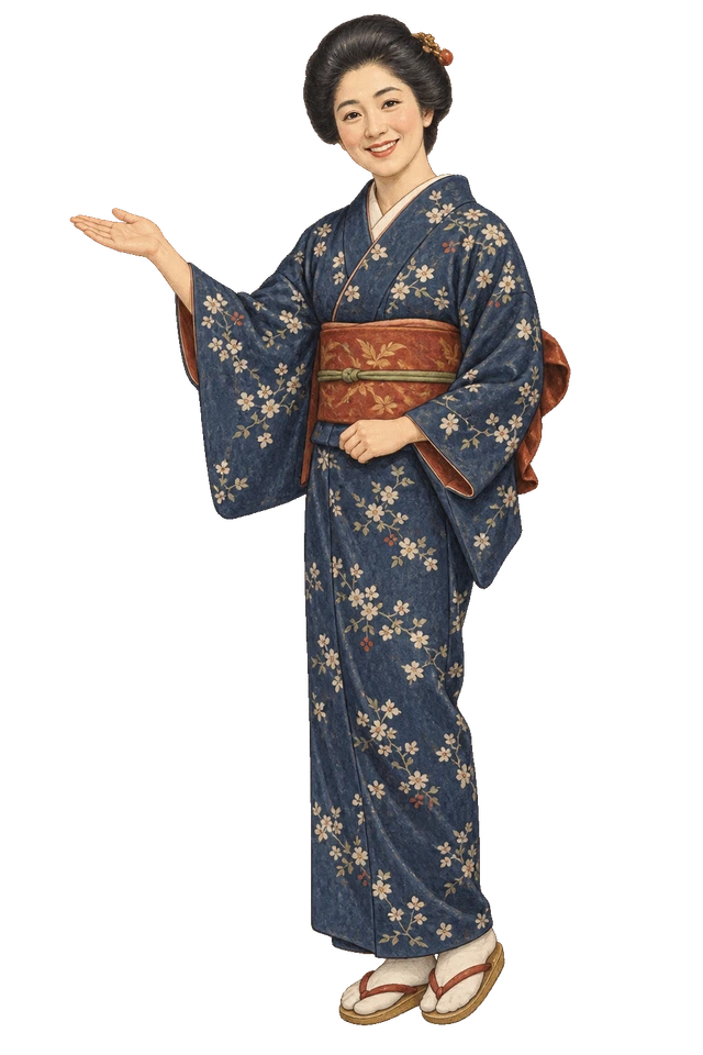 片手を差し出して館内を案内する、着物姿の女将。背景透過の人物イラスト。