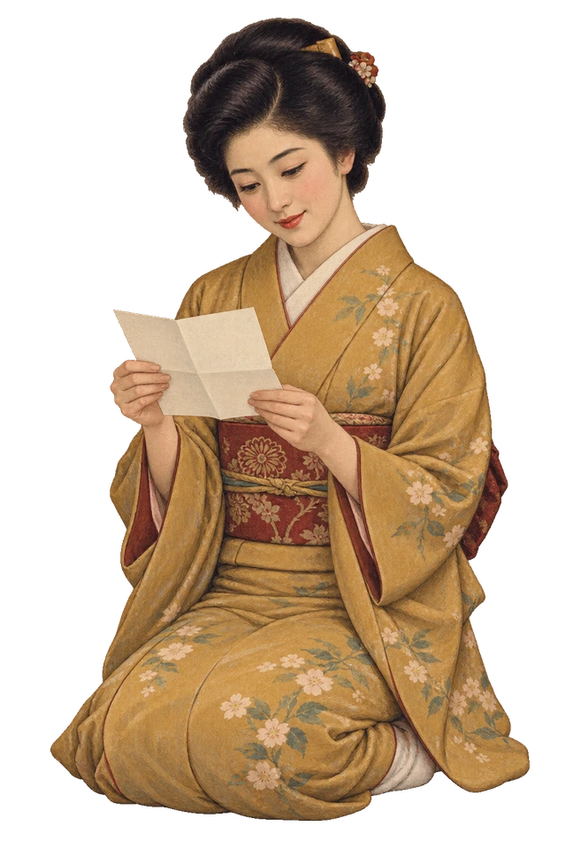 正座して手紙を読む、落ち着いた着物姿の女性。背景透過の人物イラスト。