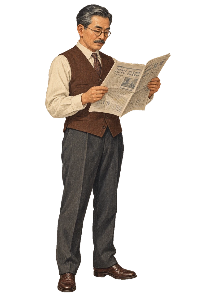 眼鏡を掛け、立ったまま新聞を読むベスト姿の紳士。背景透過の人物イラスト。