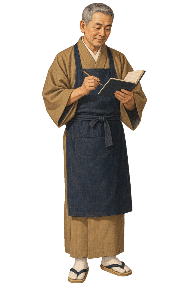 帳面を開いて鉛筆を持つ、前掛け姿の商店主。背景透過の人物イラスト。