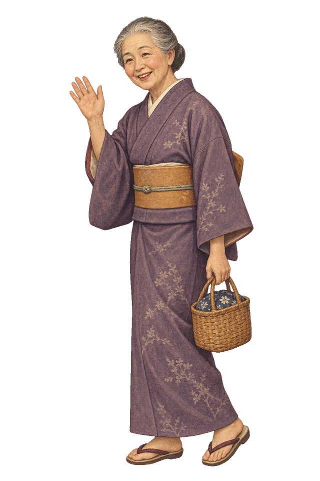 買物かごを提げ、片手を振って挨拶する年配の婦人。背景透過の人物イラスト。
