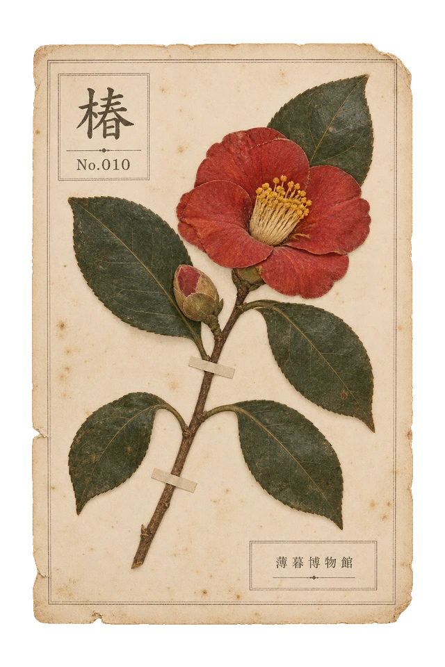 椿の押し花標本。古紙の台紙に、色の残った植物を紙帯で留めた押し花標本風の素材。ピンなし。