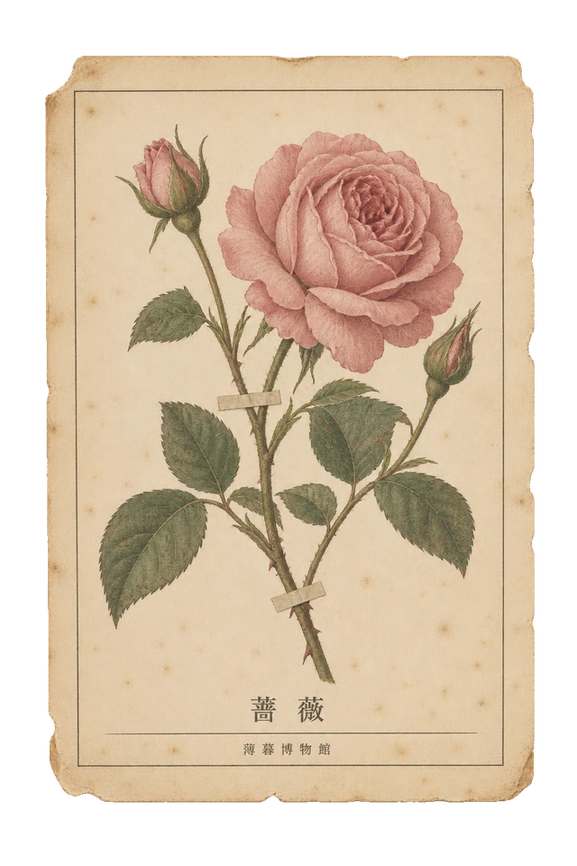 薔薇の植物図案。花と葉を細やかに描いた、古い植物図譜を思わせる紙の図案。