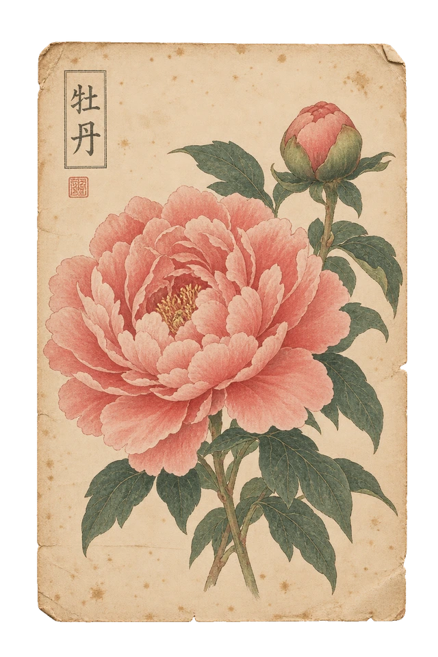 牡丹の植物図案。花と葉を細やかに描いた、古い植物図譜を思わせる紙の図案。