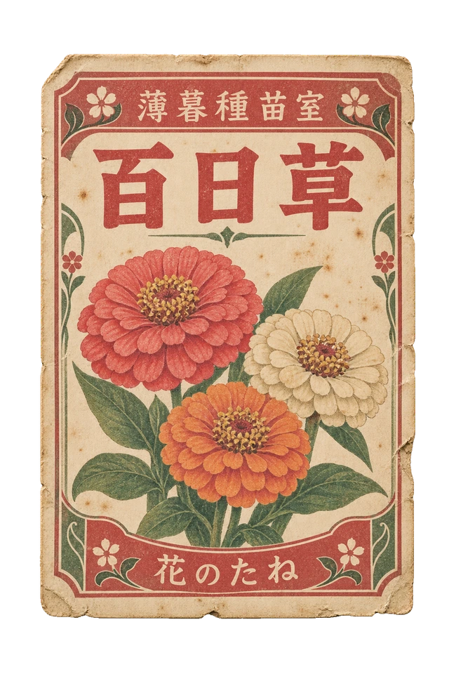 百日草の種袋ラベル。架空の薄暮種苗室の、花を大きく刷った古い種袋用ラベル。