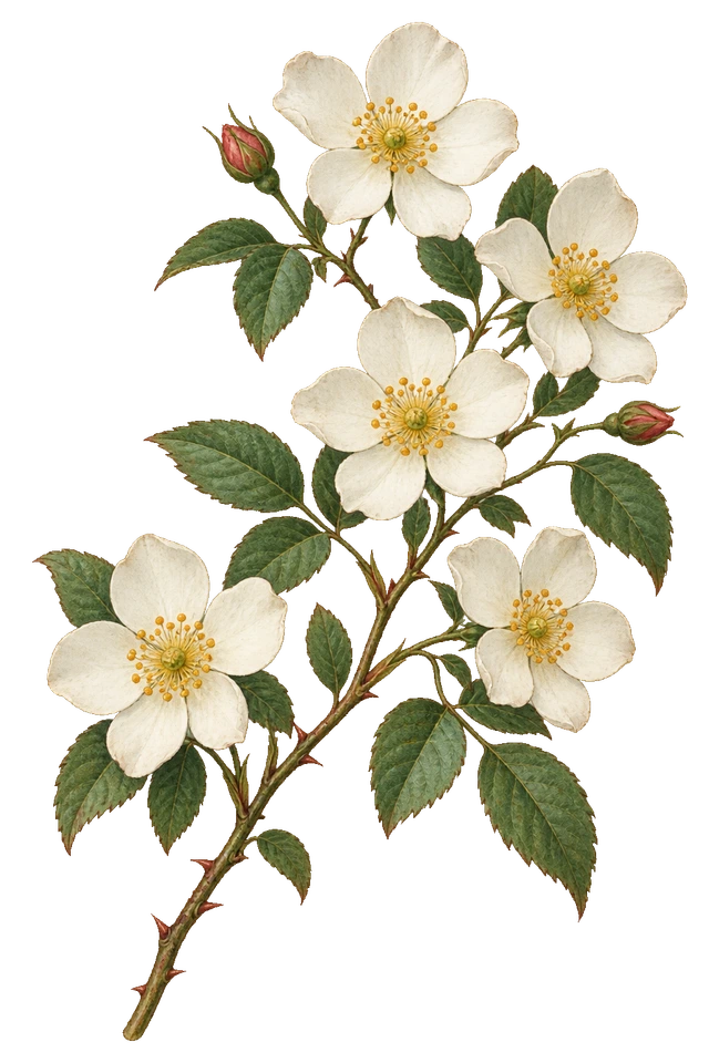 野薔薇の枝。細かな花や葉の質感を残した、台紙なしの植物装飾素材。