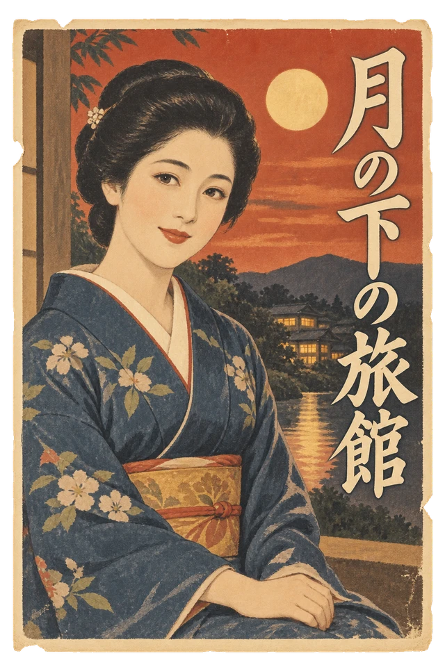 紺の着物姿の女性と夕暮れの旅館を描いた、朱赤の旅館広告。