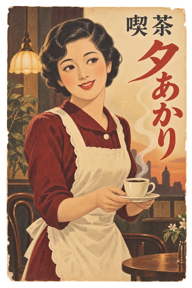 珈琲カップを持つエプロン姿の女性を描いた、夕暮れの喫茶店広告。