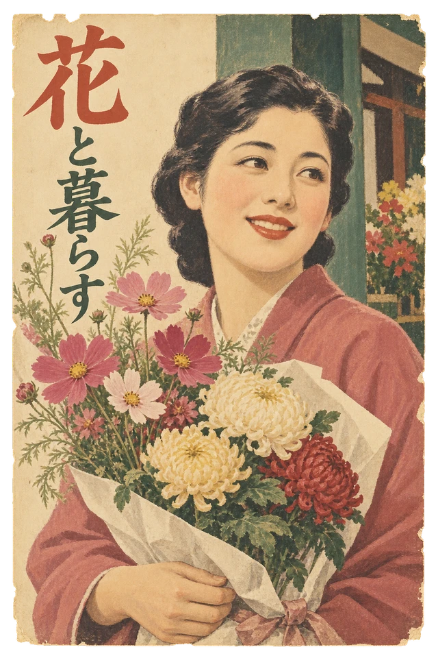 花束を抱えた女性と店先の花を描いた、素朴な花屋の広告。