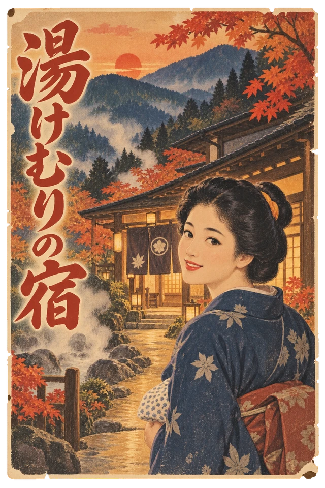 紅葉の山里にある木造旅館と着物姿の女性を描いた宿の広告。