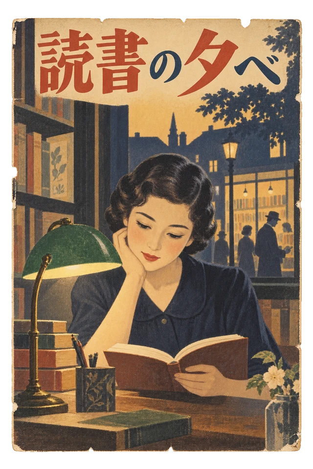 緑の卓上灯の下で本を読む女性を描いた、夕べの読書案内。