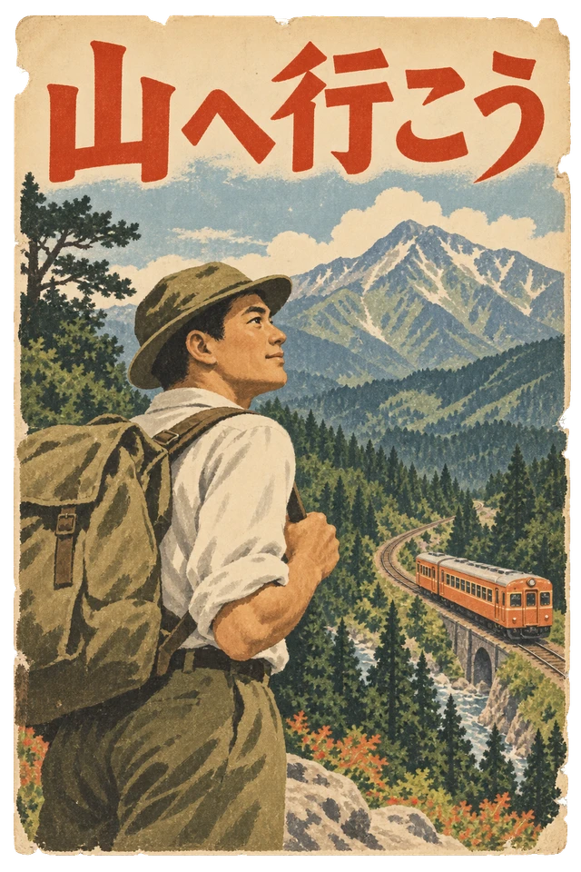 登山者と山あいを走る列車を描いた、内陸の山旅の案内。