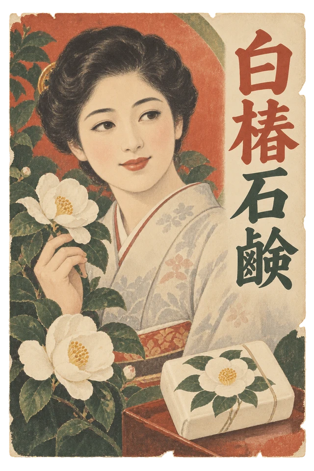 白椿と着物姿の女性、包み石鹸を描いた架空の石鹸広告。