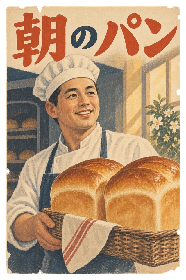焼きたての食パンをかごに載せたパン職人を描いた広告。