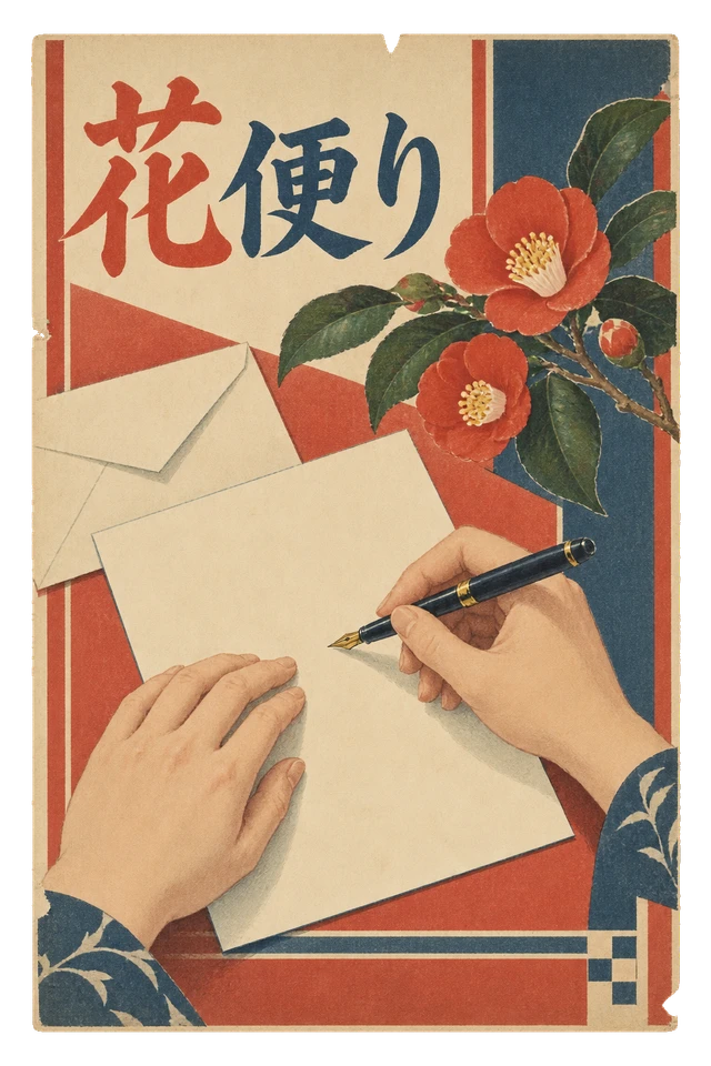 万年筆で便箋に向かう手と赤い椿を描いた、文具の広告。