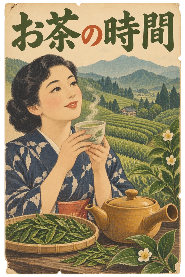 茶畑とお茶を楽しむ女性、急須を描いた緑茶の広告。