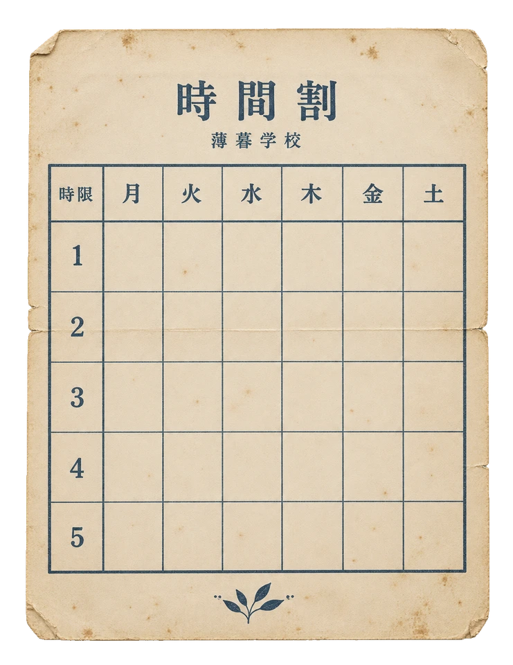 月曜から土曜までの欄を備えた、未記入の時間割用紙。
