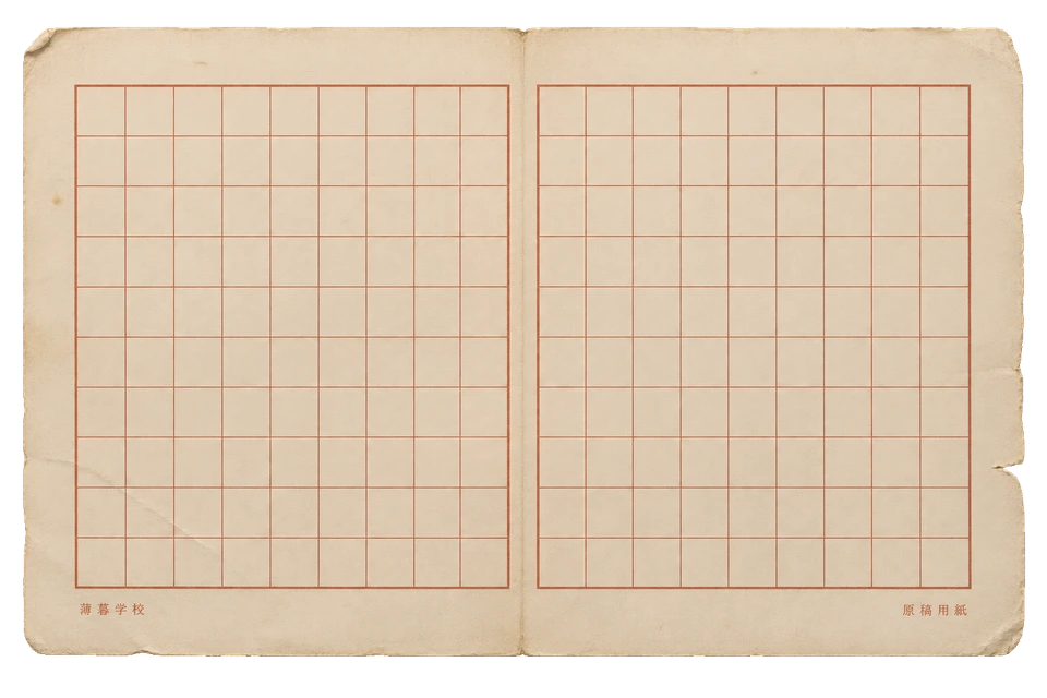 朱色の升目と小さな校名を刷った、縦書き用の原稿用紙。