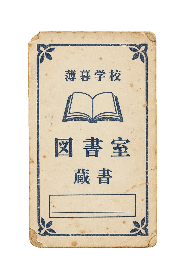 開いた本の小図案を添えた、薄暮学校図書室の蔵書ラベル。