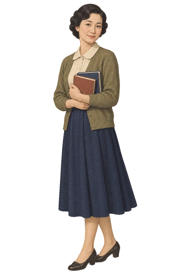 数冊の本を胸に抱えた、落ち着いた服装の女教師。