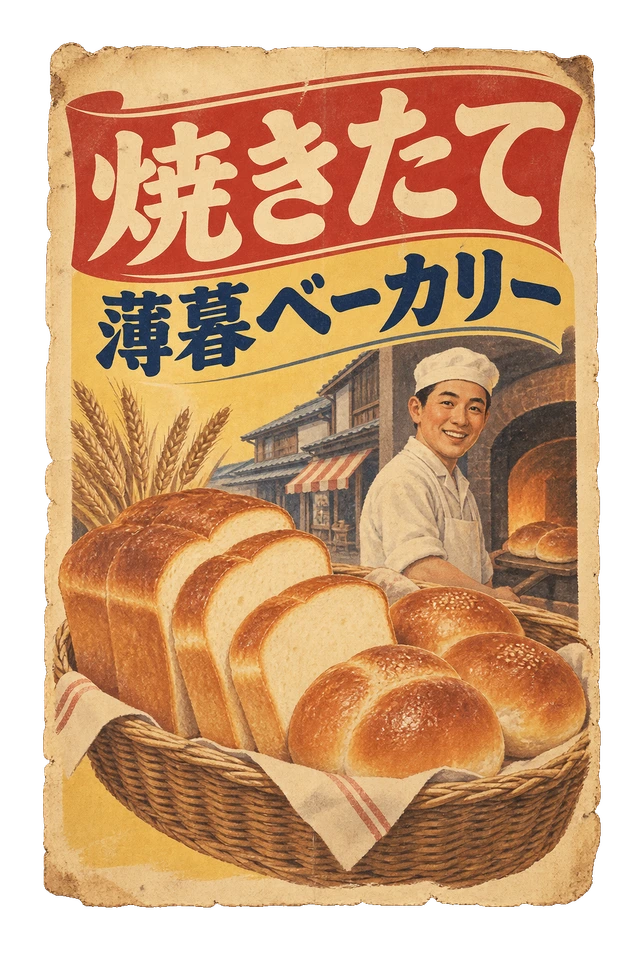 パンとかごを大きく描いた、架空の薄暮ベーカリーの広告。