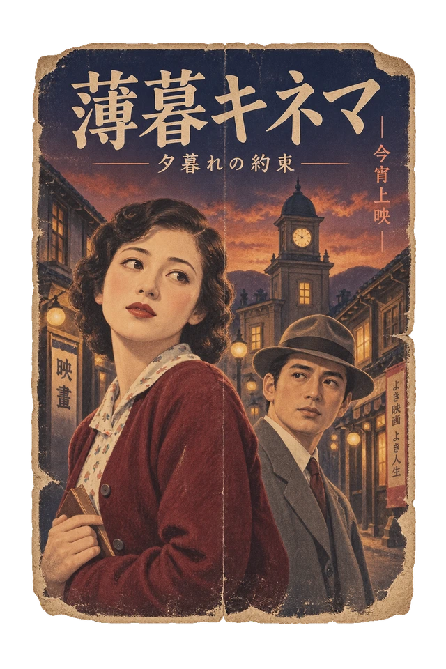 男女の肖像と時計塔を描いた、架空の薄暮キネマの上映案内。