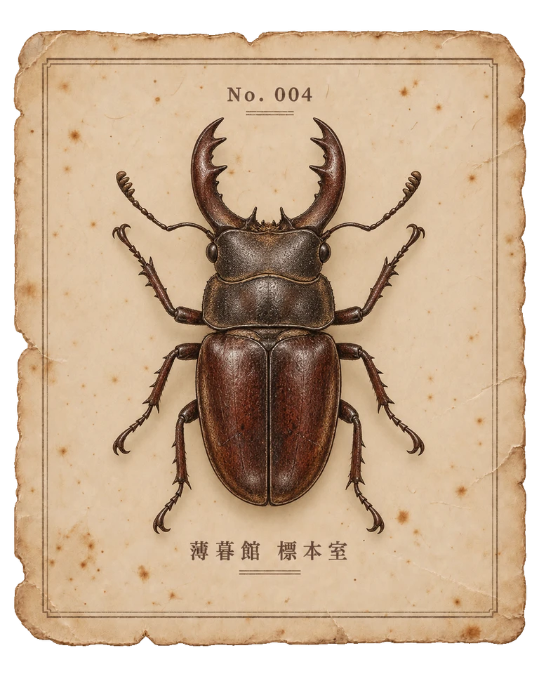 枝のような大あごを持つ焦茶の甲虫を、真上から見た標本カード。