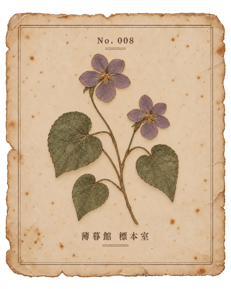 褪せた紫の花とハート形の葉を描いた菫を、古紙に添えた押し花風の標本カード。
