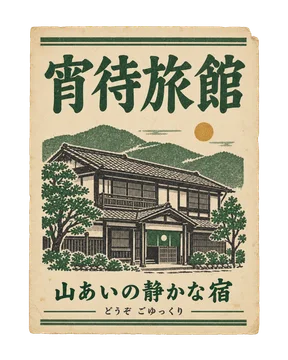木造の宿と山の図案を添えた、宵待旅館の素朴な案内広告。