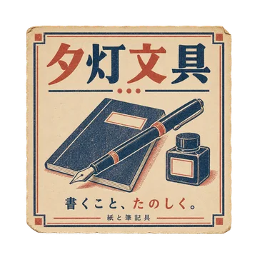 万年筆とノートを描いた、夕灯文具の藍色と朱色の小広告。