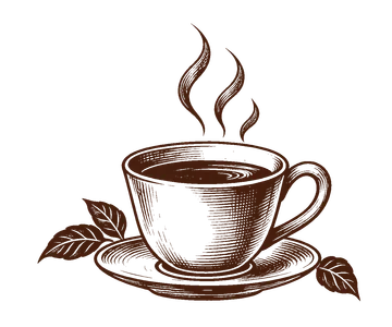 湯気の立つ珈琲カップを、こげ茶一色の活版挿絵風に描いた図案。