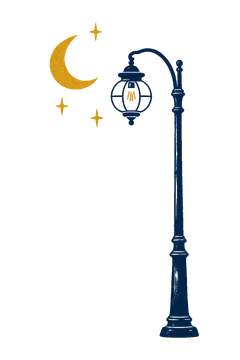 三日月と古い街灯を組み合わせた、少し夢のある夜の飾り図案。