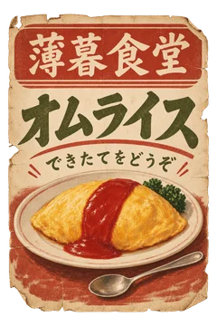ケチャップをかけたオムライスを描いた、薄暮食堂の広告。