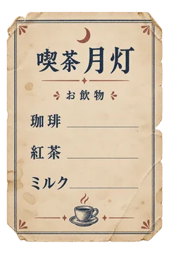 珈琲・紅茶・ミルクを並べた、余白のある喫茶店のメニュー用紙。