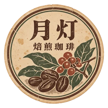 珈琲豆と葉を描いた、月灯の丸い商品ラベル。