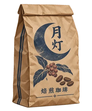 月灯の印を刷った、折り口付きのクラフト紙の珈琲豆袋。