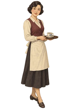 珈琲の盆を両手で持つ、落ち着いた制服姿の給仕。