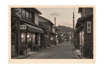 喫茶店と書店の灯りがともる、架空の町の夕暮れを写した古写真風素材。